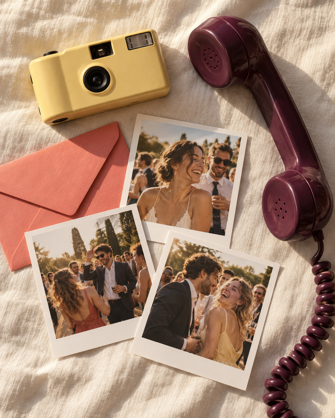 Un appareil jaune, un téléphone rétro et une enveloppe, comme une boîte à souvenirs du mariage.